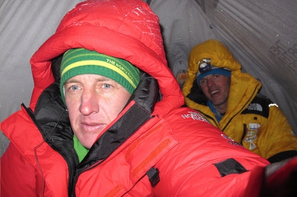 Nanga Parbat winter expedition, Moro & Urubko - Denis Urubko and Simone Moro in their tent at 5550m during their attempt to carry out the first winter ascent of Nanga Parbat
