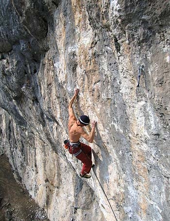 Fonzaso, Veneto, Italy - Riccardo Scarian climbing Drumtime 8c+.