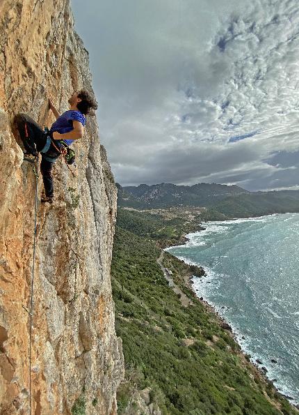 Pandora, Masua, Sardinia - Roberto Valdo Cortese climbing Il Cigno Nero (7a+) in the sector Pandora at Masua in Sardinia