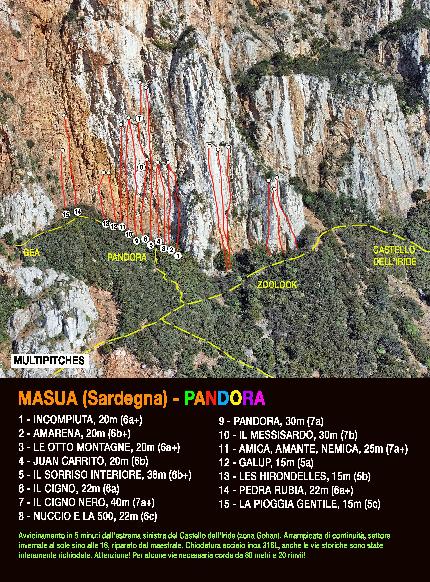 Pandora, Masua, Sardinia - Topo of the climbs in the sector Pandora at Masua, Sardinia