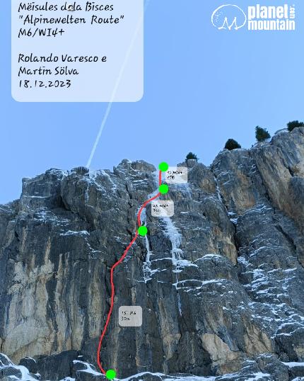 Mëisules dala Biesces, Sella, Dolomites, Rolando Varesco, Martin Sölva - The topo of 'Alpinewelten' on Mëisules dala Biesces, Sella, Dolomites (Martin Sölva, Rolando Varesco 18/12/2023)
