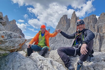 Punta Emma, Rosengarten, Dolomites, Luca Giupponi, Rolando Larcher - Luca Giupponi and Rolando Larcher on the summit of Punta Emma, Rosengarten, Dolomites