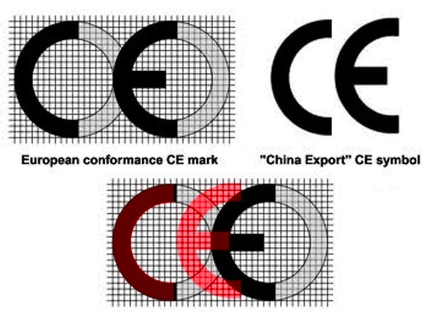 European Comunitu and China Export - The European Conformity logo on the left and the China Export logo on the right. Note the space between the letters in the European logo, and the reduced space between the letters in the Chinese logo.