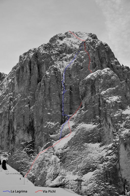 La Legrima, parete Nord del Sassolungo, Dolomiti - La Legrima, la linea della prima salita della colata di ghiaccio sulla parete Nord del Sassolungo per Adam Holzknecht e Hubert Moroder