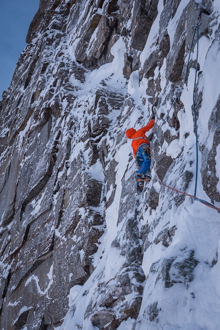 Sagwand, Austria - David Lama during the first attempt of the first winter ascent of Schiefer Riss, Sagwand on 11/03/2013.