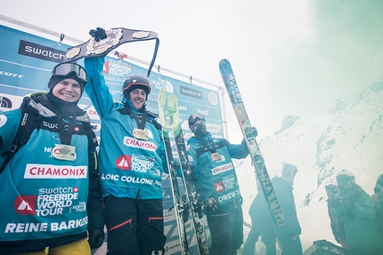 Swatch Freeride World Tour by The North Face - Podium of Snow Men in FWT15 Chamonix Mont-Blanc: Reine Barkered, Loic Collomb Patton, Drew Tabke