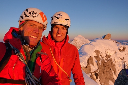 Pizzo Badile, Nordest supercombo, Marcel Schenk, David Hefti - Marcel Schenk and David Hefti on the summit of Pizzo Badile on 16/12/2016 after having made the first ascent of Nordest supercombo (800m, M7, R)