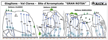 Gran Rotsa, Val Clarea, Valle di Susa - The routes at the crag Gran Rotsa, Val Clarea, Valle di Susa. The sectors Babilonia, Jumar, Classic
