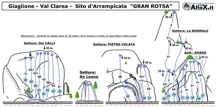 Gran Rotsa, Val Clarea, Valle di Susa - The routes at the crag Gran Rotsa, Val Clarea, Valle di Susa. The sectors Normale, Ross, Pietra Volata, Calli