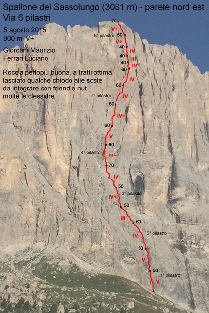 Maurizio Giordani, Dolomiti - Via 6 Pilastri al Sassolungo (Ferrari Luciano, Maurizio Giordani 5/08/2015)