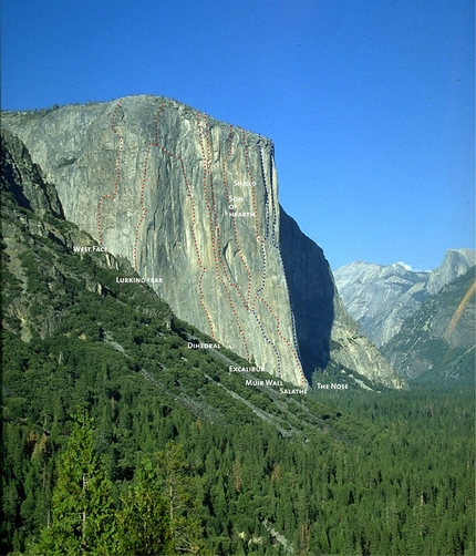 El Capitan, Yosemite, USA - El Capitan with the routes West Face, Lurking Fear, Dihedral Wall, Excalibur, Muir Wall, Son of Heart, The Shield, The Salathé Wall, The Nose
