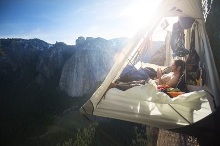 Dawn Wall, El Capitan, Yosemite, Tommy Caldwell, Kevin Jorgeson - Kevin Jorgeson rests up before attempting to climb the hardest pitches of his life as soon as the sun goes down. After spending 19 days on the wall, Tommy Caldwell and Kevin Jorgeson reached the summit of El Capitan in Yosemite National Park for their historic first free ascent of the Dawn Wall (VI 5.14d) on January 14, 2015.