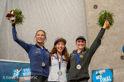 Coppa del Mondo Lead 2018, Kranj - 2.Janja Garnbret 1. Jain Kim 3. Hannah Schubert, podio femminile della Coppa del Mondo Lead 2018 a Kranj, Slovenia