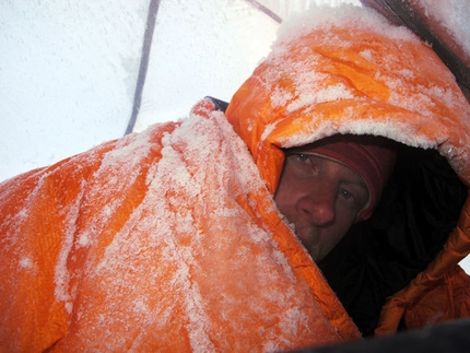 Gasherbrum II - Winter 2011 - Cory Richards waking up in C2 at 6500m