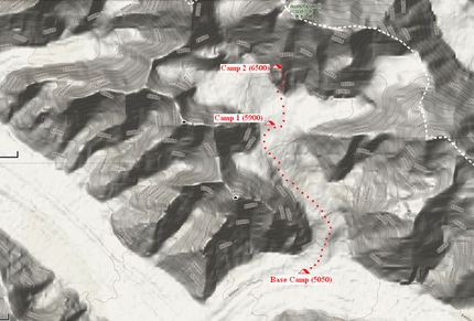 Gasherbrum II - Winter 2011 - The map of Gasherbrum II and the route so far