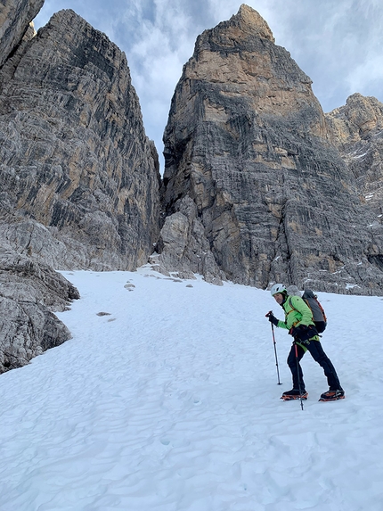 Brenta Dolomites Campanile Basso West Couloir climbed by Francesco Salvaterra, Piero Onorati