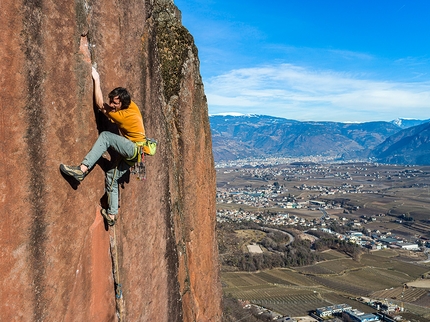 Florian Riegler frees Skinwalker, difficult crack climb above Bozen, Italy