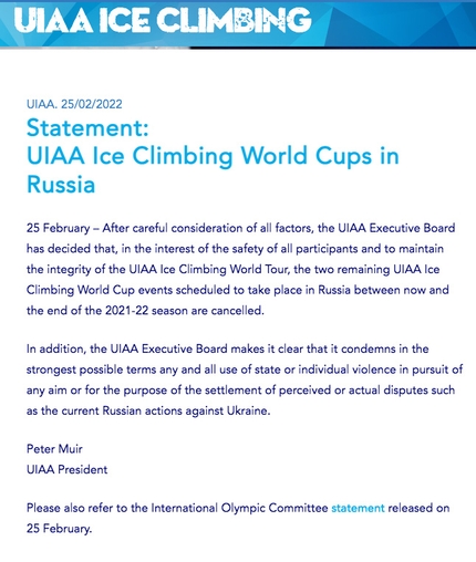L'UIAA cancella le ultime due Coppa del Mondo di Arrampicata su ghiaccio in Russia