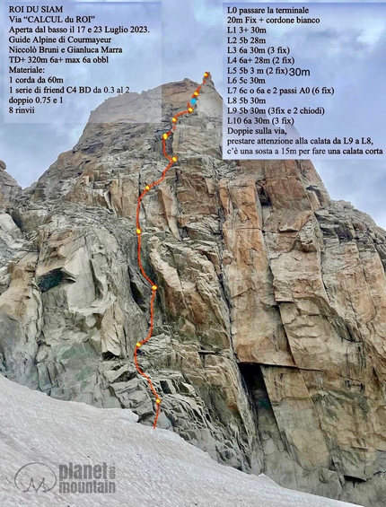 Roi du Siam, Mont Blanc, Niccolò Bruni, Gianluca Marra - The topo of the climb 'Calcul du Roi' on Roi du Siam, Mont Blanc massif (Niccolò Bruni, Gianluca Marra 07/2023)