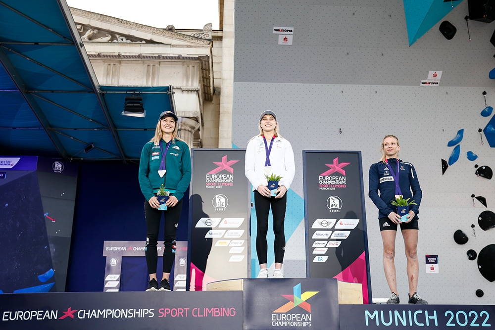 2. Jessica Pilz 1. Janja Garnbret, 3. Manon Hily Campionati Europei di Arrampicata Lead Monaco 2022