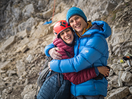 Victor Varoshkin, Tomorrow’s World, Marmolada, Dolomites - Victor Varoshkin with his wife Melina after having repeated 'Parallel World' D16 in pure DTS style at Tomorrow’s World, Marmolada, Dolomites, May 2024