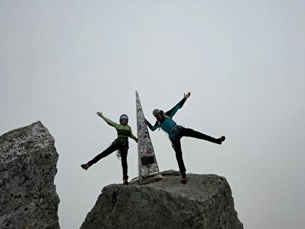 Pizzo Badile - Chiara Gusmeroli and Matteo De Zaiacomo on the summit ofPizzo Badile on 29/06/2024 after the first ascent of 'Æterna nix' on the mountain's NE face