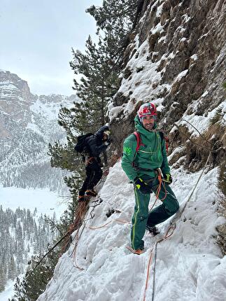 Francesco Favilli - Francesco Favilli making the first ascent of 'Birthday Crack' in Langental / Vallunga, Dolomites, with Daniel Ladurner and Mathieu Maynadier. The route was climbed on 6 January 2024 to celebrate Favilli's birthday