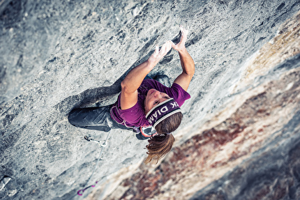 Drusenfluh, Rätikon, Barbara Zangerl, Jacopo Larcher - Barbara Zangerl repeating 'The Gift' (8c, 350m) on Drusenfluh, Rätikon, August 2024