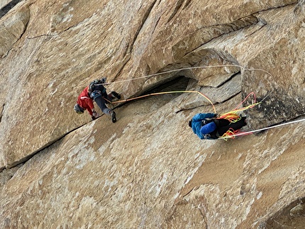 Grand Diedre Desplomando, Trango Tower - <i>'Pitch #4 provided amazing and varied crack climbing, here Mišo is on the layback crux. The topo said 7a, we thought it was more like 7b.'</i> Grand Diedre Desplomando, Trango Tower (Tomáš Buček, František Bulička, Martin Krasňanský, Michal Mikušinec, summer 2024)