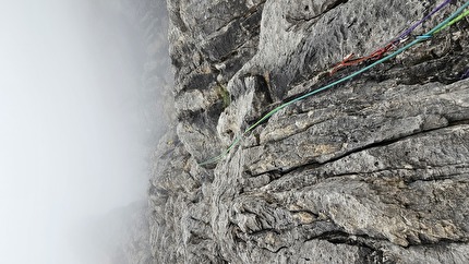 Plus Ultra, Spallone dei Massodi, Dolomiti di Brenta, Daniele Bolognani, Davide Dallago, Walter Endrizzi - In apertura sul secondo tiro di 'Plus Ultra' allo Spallone dei Massodi, Dolomiti di Brenta (Daniele Bolognani, Davide Dallago, Walter Endrizzi 07/09/2024)