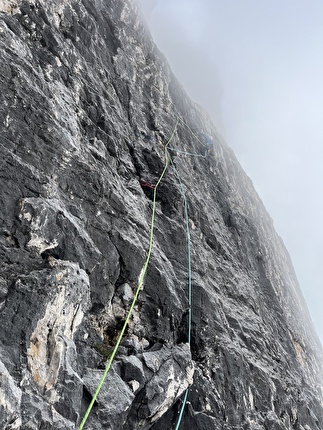 Plus Ultra, Spallone dei Massodi, Dolomiti di Brenta, Daniele Bolognani, Davide Dallago, Walter Endrizzi - In apertura sul quinto tiro di 'Plus Ultra' allo Spallone dei Massodi, Dolomiti di Brenta (Daniele Bolognani, Davide Dallago, Walter Endrizzi 07/09/2024)