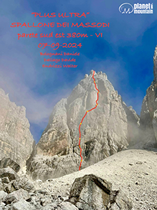 Plus Ultra, Spallone dei Massodi, Dolomiti di Brenta, Daniele Bolognani, Davide Dallago, Walter Endrizzi - Il tracciato della via 'Plus Ultra' allo Spallone dei Massodi, Dolomiti di Brenta (Daniele Bolognani, Davide Dallago, Walter Endrizzi 07/09/2024)