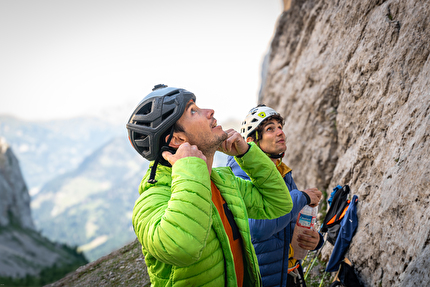 Eclissi, Vallaccia, Dolomites, Luca Ducoli, Leo Gheza - Leo Gheza making the first ascent of 'Eclissi' on Torre di Mezzaluna in Vallaccia (Dolomites) with Luca Ducoli, August 2024