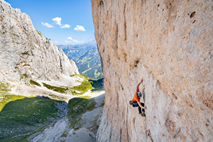 Eclissi, Vallaccia, Dolomites, Luca Ducoli, Leo Gheza - Leo Gheza making the first ascent of 'Eclissi' on Torre di Mezzaluna in Vallaccia (Dolomites) with Luca Ducoli, August 2024