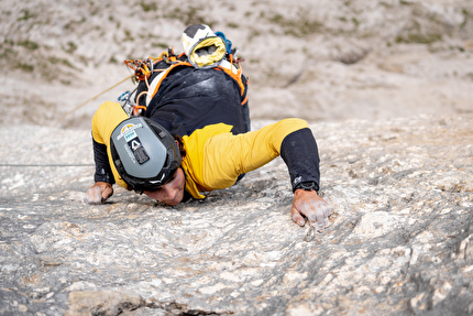 Eclissi, Vallaccia, Dolomites, Luca Ducoli, Leo Gheza - Leo Gheza making the first ascent of 'Eclissi' on Torre di Mezzaluna in Vallaccia (Dolomites) with Luca Ducoli, August 2024