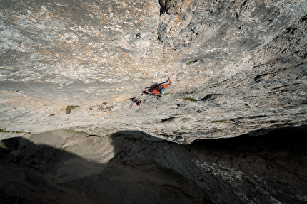 Eclissi, Vallaccia, Dolomites, Luca Ducoli, Leo Gheza - Leo Gheza making the first ascent of 'Eclissi' on Torre di Mezzaluna in Vallaccia (Dolomites) with Luca Ducoli, August 2024