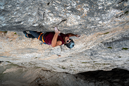 Eclissi, Vallaccia, Dolomites, Luca Ducoli, Leo Gheza - Leo Gheza making the first ascent of 'Eclissi' on Torre di Mezzaluna in Vallaccia (Dolomites) with Luca Ducoli, August 2024