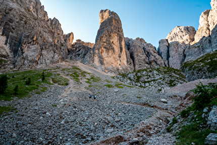 Elissi, Vallaccia, Dolomites, Luca Ducoli, Leo Gheza - Leo Gheza and  Luca Ducoli making the first ascent of 'Eclissi' on Torre di Mezzaluna in Vallaccia (Dolomites), August 2024