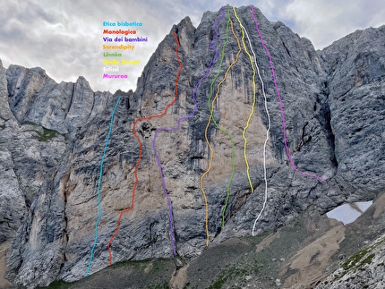 Elissi, Vallaccia, Dolomiti, Luca Ducoli, Leo Gheza - Prospetto della Torre di Mezzaluna in Vallaccia (Dolomiti) e le vie d'arrampicata