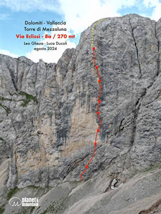 Eclissi, Vallaccia, Dolomites, Luca Ducoli, Leo Gheza - The route line of  'Eclissi' on Torre di Mezzaluna in Vallaccia (Dolomites), first ascended by Leo Gheza and Luca Ducoli, August 2024