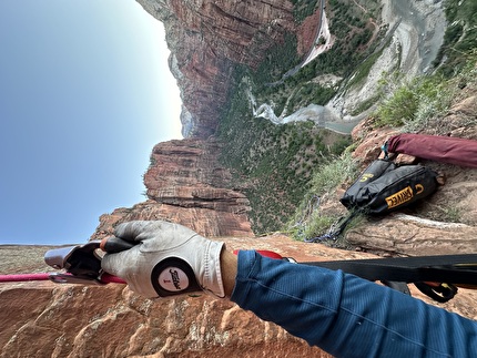 Nate Brown, Civil Disobedience, Angels Landing, Zion Canyon, USA - Nathan Brown making the first ascent of 'Civil Disobedience' on the north face of Angels Landing, Zion Canyon, USA