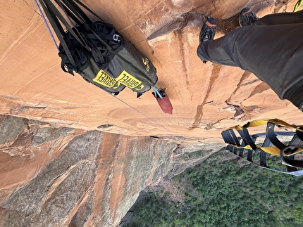 Nate Brown, Civil Disobedience, Angels Landing, Zion Canyon, USA - Nathan Brown making the first ascent of 'Civil Disobedience' on the north face of Angels Landing, Zion Canyon, USA