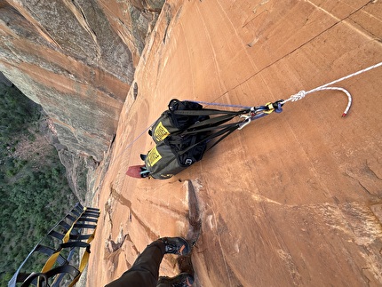 Nate Brown, Civil Disobedience, Angels Landing, Zion Canyon, USA - Nathan Brown making the first ascent of 'Civil Disobedience' on the north face of Angels Landing, Zion Canyon, USA