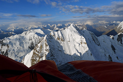 Yawash Sar, Karakoram, Mick Fowler, Victor Saunders - The view from a hanging bivouac on Yawash Sar