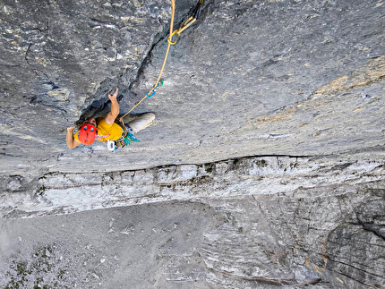 Speckkarplatte, Karwendel, Austria, Armin Fuchs, Peter Manhartsberger - Peter Manhartsberger seconding the penultimate pitch of 'Leider Geil' on Speckkarplatte, Karwendel, Austria (Armin Fuchs, Peter Manhartsberger)