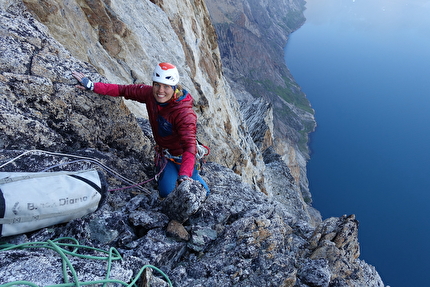 Torsukattak Fjord, Greenland, Miška Izakovičová, Callum Johnson, Tim Miller, Simon Smith - Torsukattak Fjord, Greenland: Miška Izakovičová near the top of the headwall on Mussels for Tea, Packrafts in the Sea