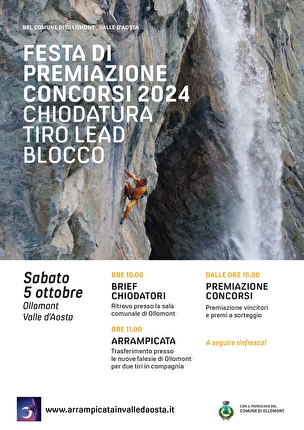 Arrampicata in Valle d'Aosta - Sabato 5 ottobre presso la sala comunale di Ollomont la festa di premiazione del Concorso di Chiodatura, del Tiro Lead e del Blocco Lead, che mira a valorizzare il territorio valdostano attraverso l'arrampicata