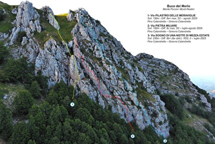 Buco del Merlo, Monte Porcini, Monti Reatini, Appennino Centrale, Ginevra Calandrella, Pino Calandrella - Le vie d'arrampicata al Buco del Merlo, Monte Porcini (Monti Reatini, Appennino Centrale) di Ginevra Calandrella e Pino Calandrella: 1. 'Il Pilastro delle meraviglie' 2. 'Pietra Miliare' 3. Sogno di una notte di mezza estate'