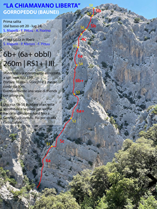 Gorropeddu, Supramonte, Baunei, Sardegna - La relazione della via ‘La chiamavano libertà’ a Gorropeddu, Supramonte di Baunei, Sardegna (Arianna Fiorino, Simone Mapelli, Francesco Pittau 2020-2024)