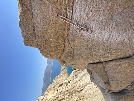 Mikado, Sardinia, Maurizio Oviglia - The belay anchor with the non-welded ring, easy to inspect and replace, at the crag Mikado in Sardinia